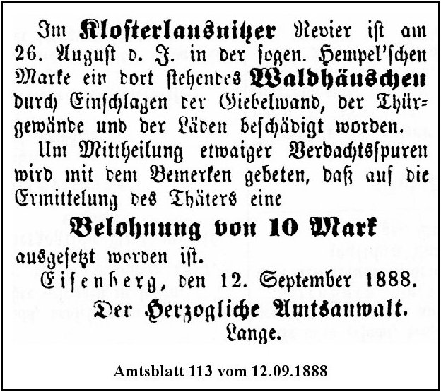 Mithilfeersuchen aus dem Amtsblatt 113 vom 12.09.1888